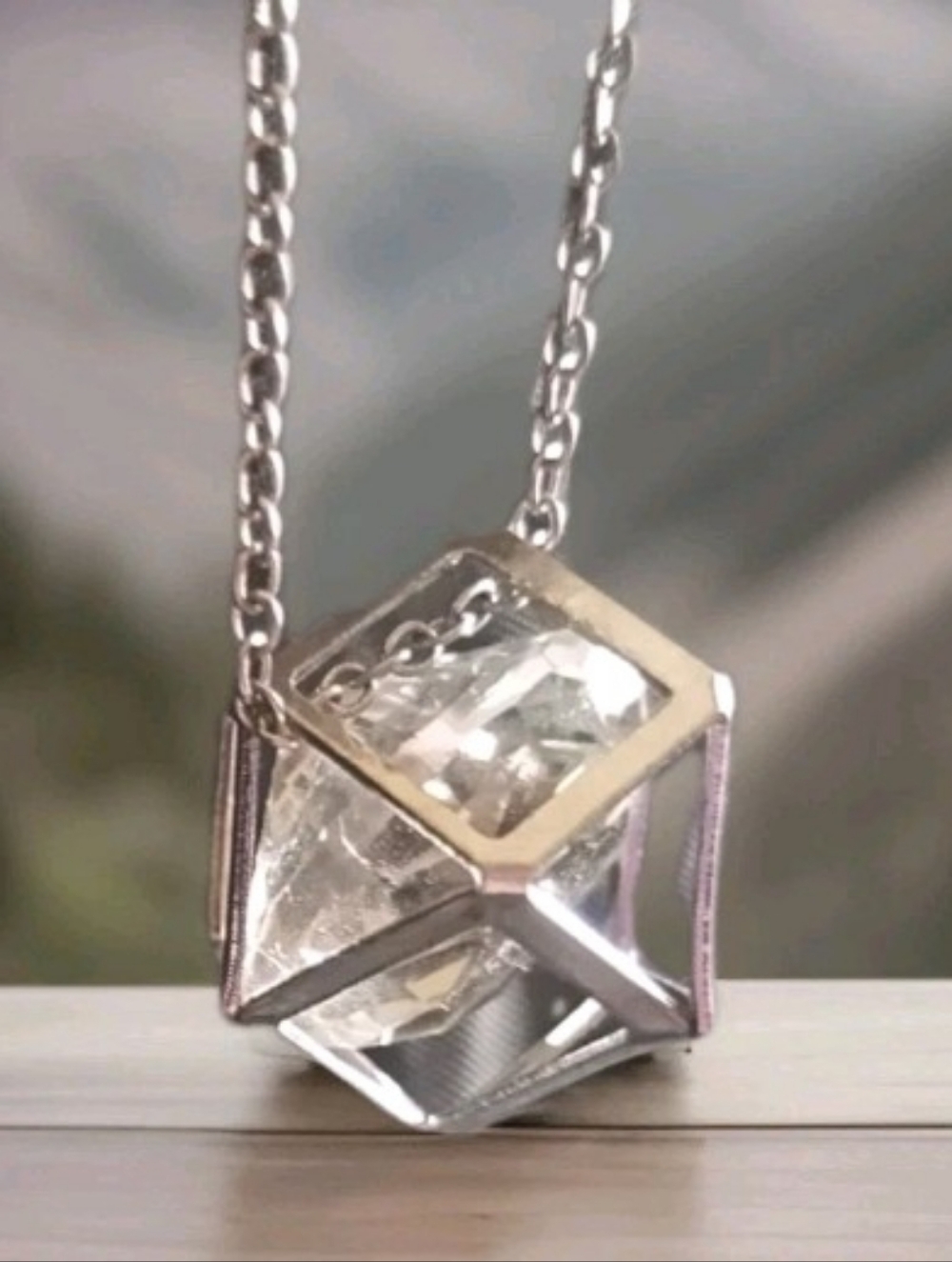 Silver Tone Caged Crystal Necklace - Chaton Pendant - Statement Jewelry - 18"